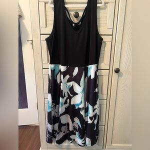 Sleeveless Black Dress with Blue & White Floral Skirt